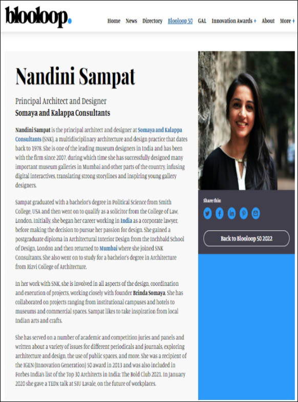 Nandini Sampat | Somaya Kalappa Consultants | blooloop 50 2022